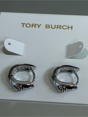 Tory Burch Huggie Hoop Kira Logo Earrings Silver
